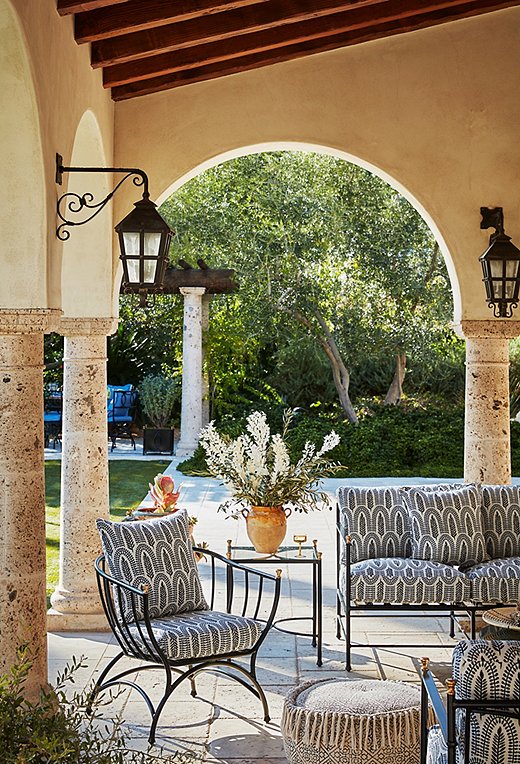 Indoors or out, wrought-iron lighting and furniture evoke the towns overlooking the Mediterranean. Our best-selling Frances collection of outdoor furniture (shown here) looks as if it’s made of wrought iron but is actually constructed of lightweight, weather-resistant aluminum.

